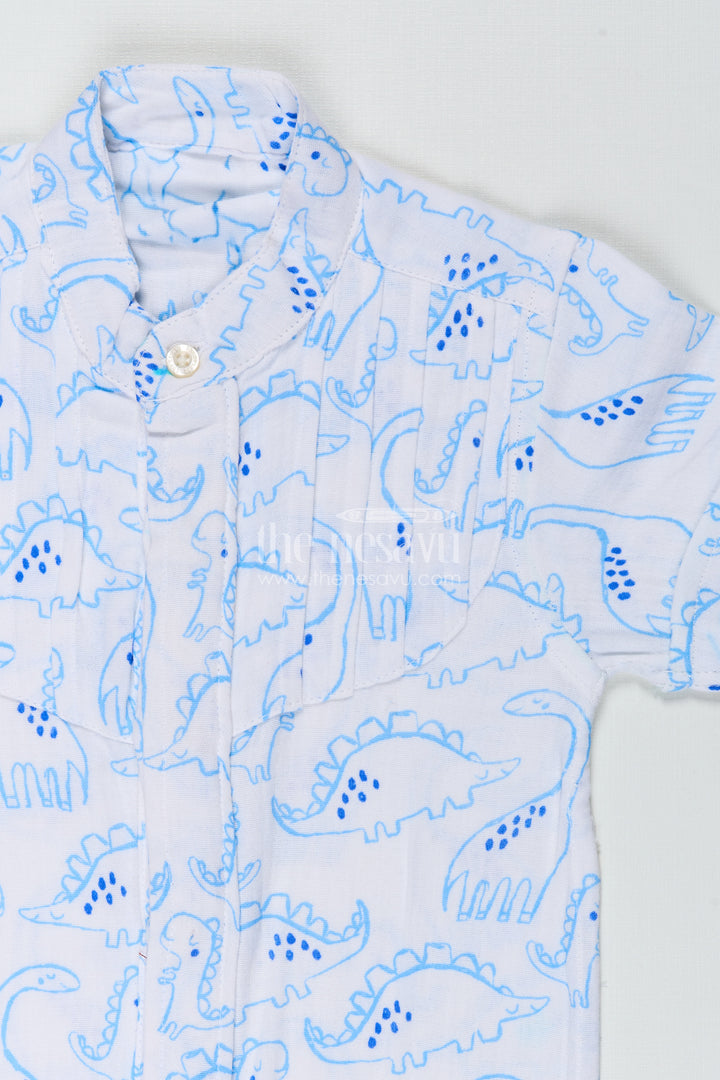 Blue Dino Print Boys Shirt In Muslin Cotton Playful And Smart Design