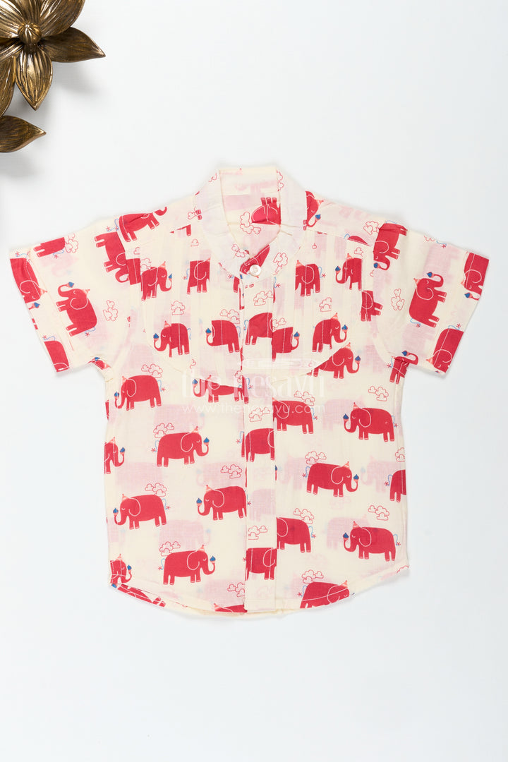 Casual Red Elephant Print Cotton Shirt For Boys Festive Animal Motifs