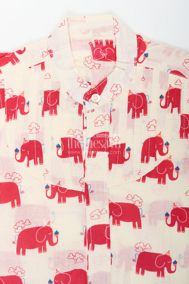 Casual Red Elephant Print Cotton Shirt For Boys Festive Animal Motifs
