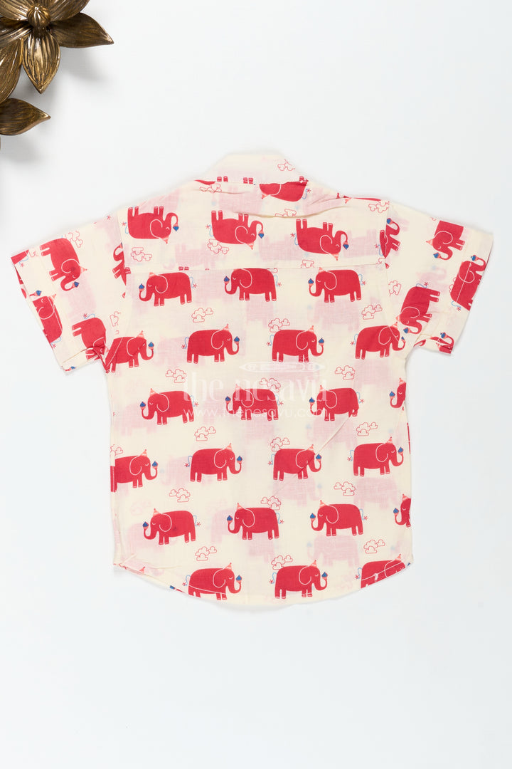 Casual Red Elephant Print Cotton Shirt For Boys Festive Animal Motifs