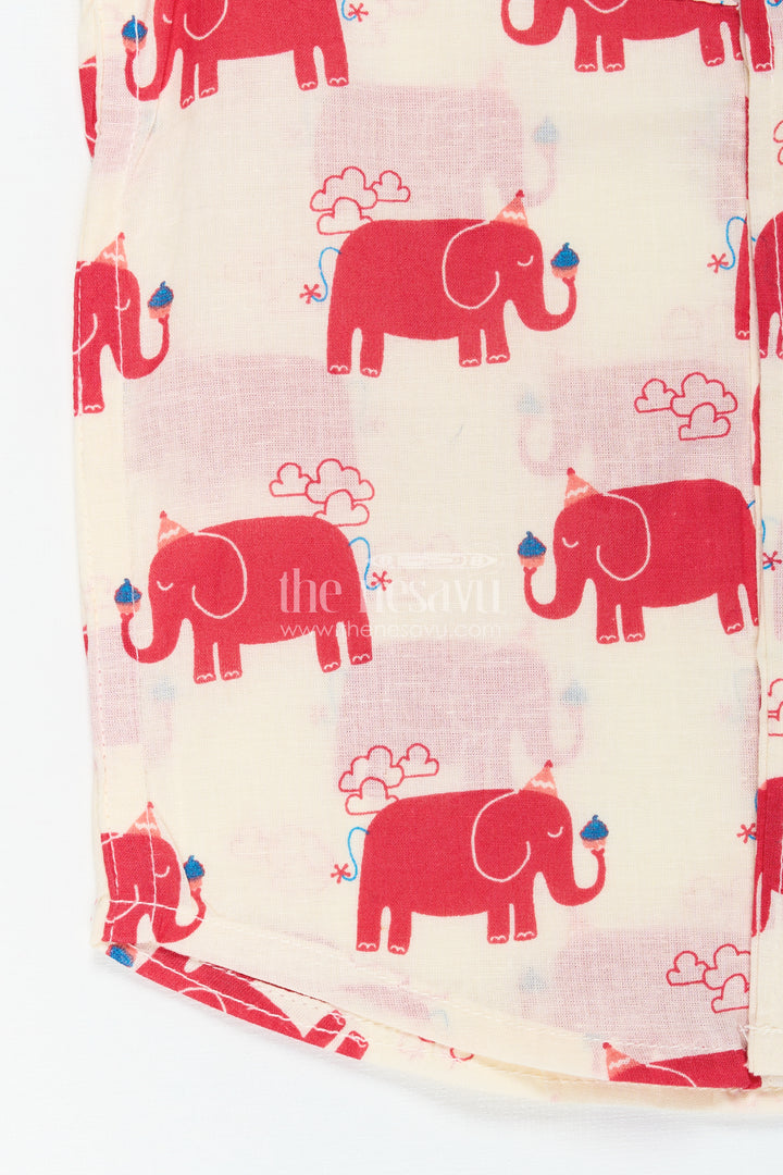 Casual Red Elephant Print Cotton Shirt For Boys Festive Animal Motifs
