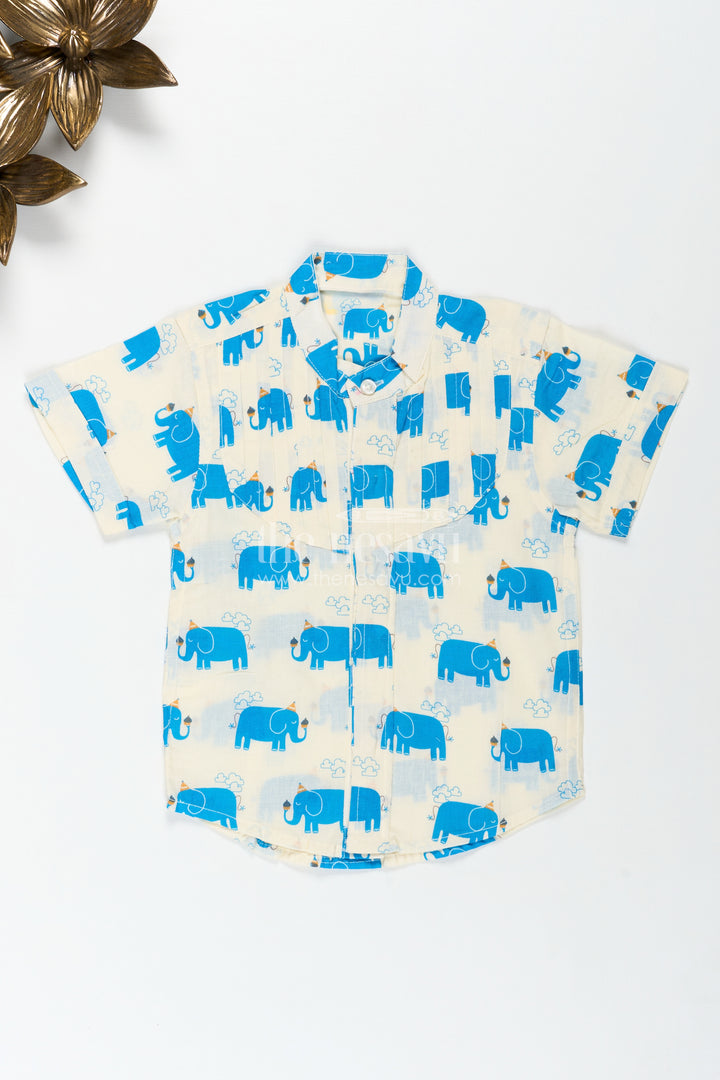 Handcrafted Blue Elephant Print Shirt For Boys In Cream Cotton
