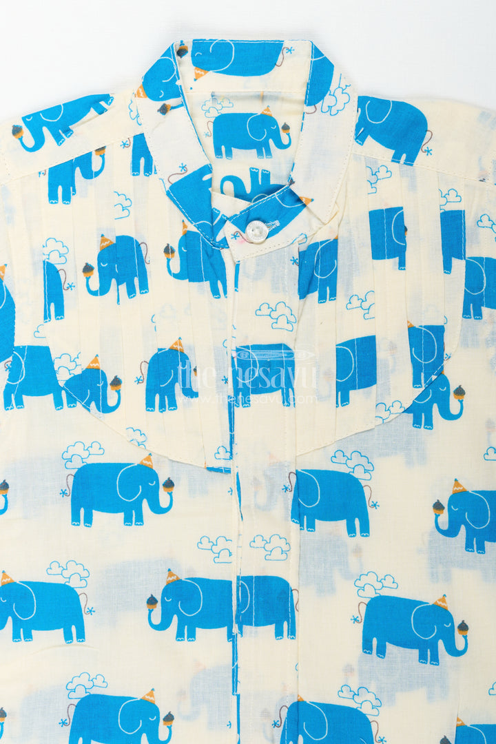 Handcrafted Blue Elephant Print Shirt For Boys In Cream Cotton