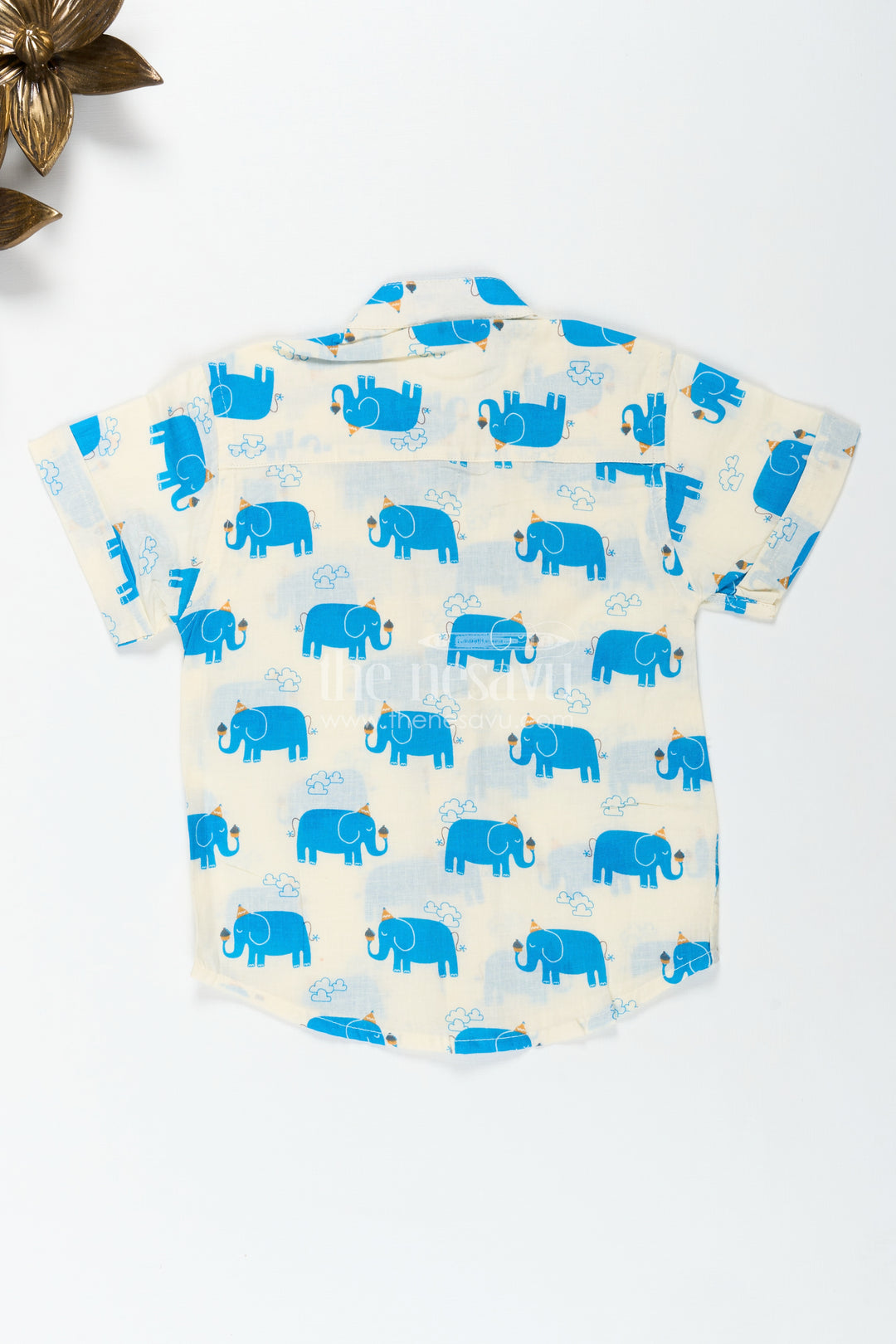Handcrafted Blue Elephant Print Shirt For Boys In Cream Cotton