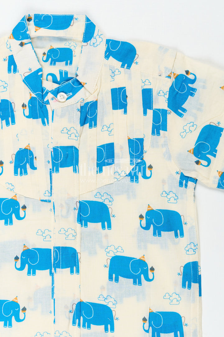 Handcrafted Blue Elephant Print Shirt For Boys In Cream Cotton