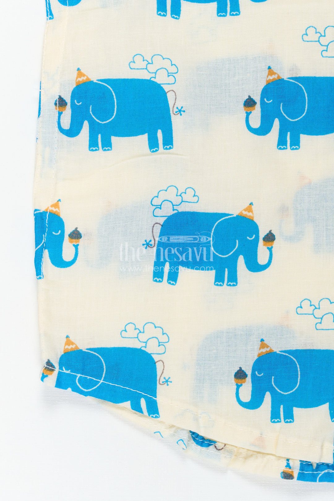 Handcrafted Blue Elephant Print Shirt For Boys In Cream Cotton