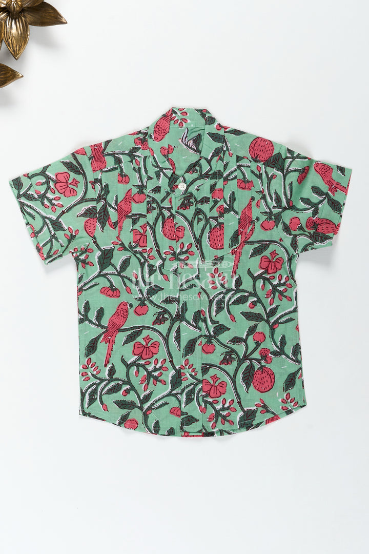 Parrot And Botanical Print Boys Cotton Shirt NatureInspired Green Casual Wear
