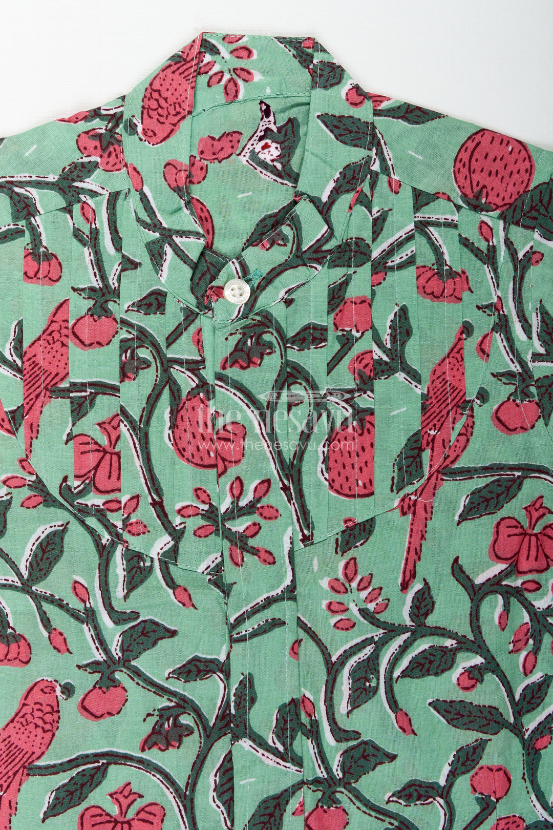Parrot And Botanical Print Boys Cotton Shirt NatureInspired Green Casual Wear