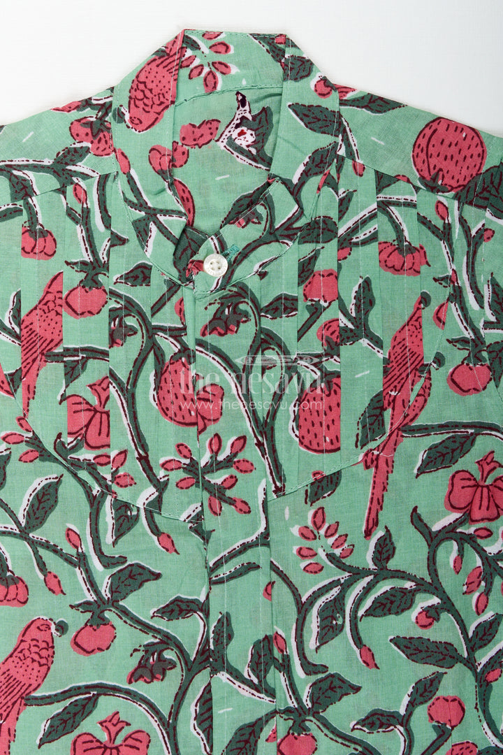 Parrot And Botanical Print Boys Cotton Shirt NatureInspired Green Casual Wear