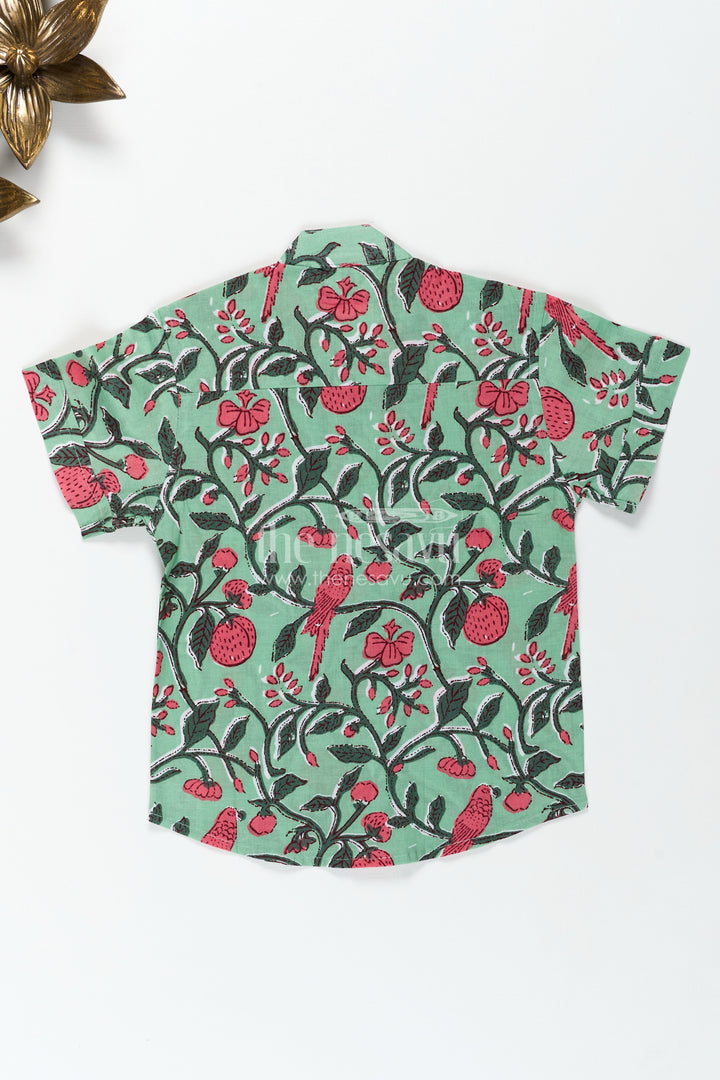 Parrot And Botanical Print Boys Cotton Shirt NatureInspired Green Casual Wear