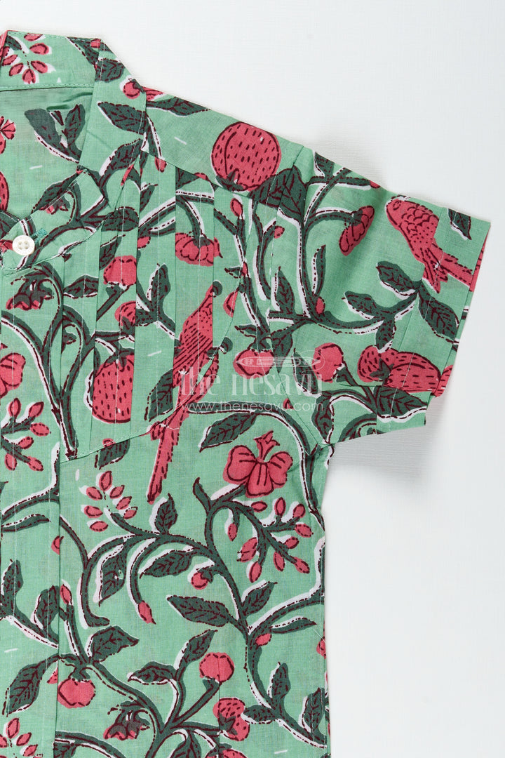 Parrot And Botanical Print Boys Cotton Shirt NatureInspired Green Casual Wear