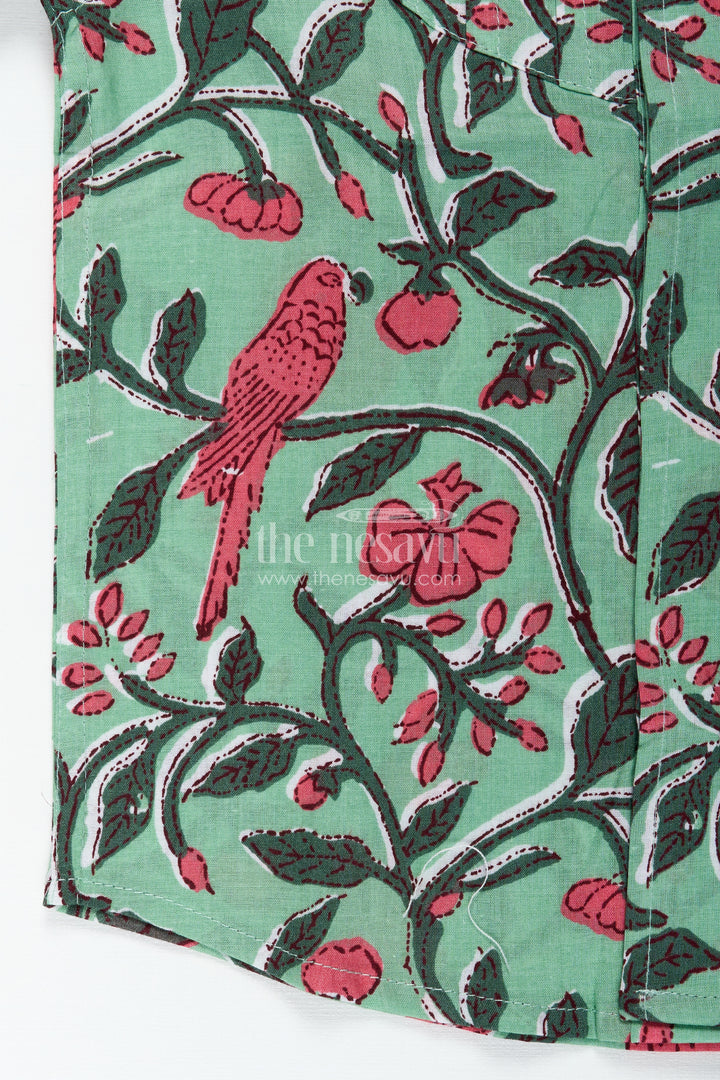 Parrot And Botanical Print Boys Cotton Shirt NatureInspired Green Casual Wear