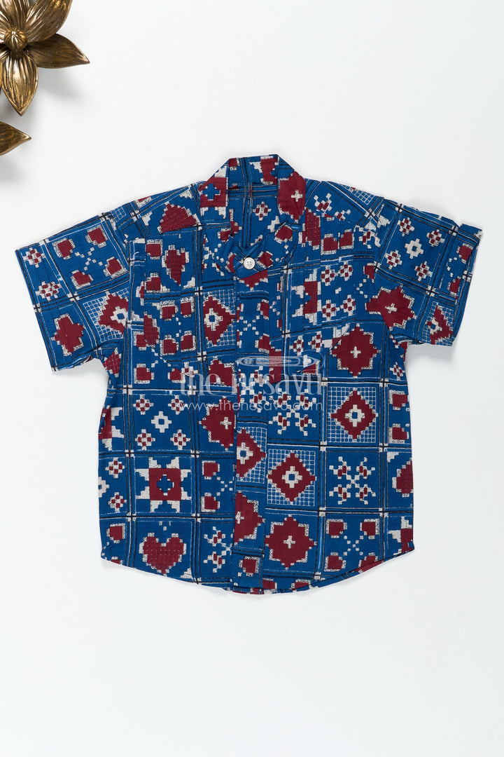 Traditional Motif Shirt For Boys In Blue Cotton Ethnic Day Outfit Idea