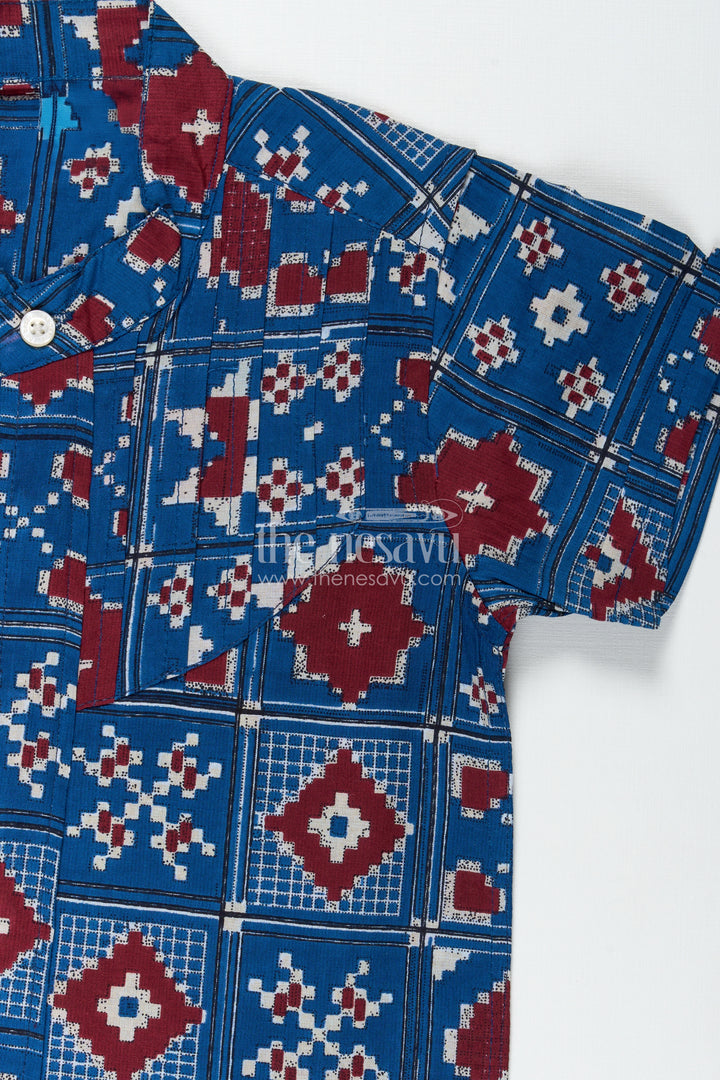 Traditional Motif Shirt For Boys In Blue Cotton Ethnic Day Outfit Idea
