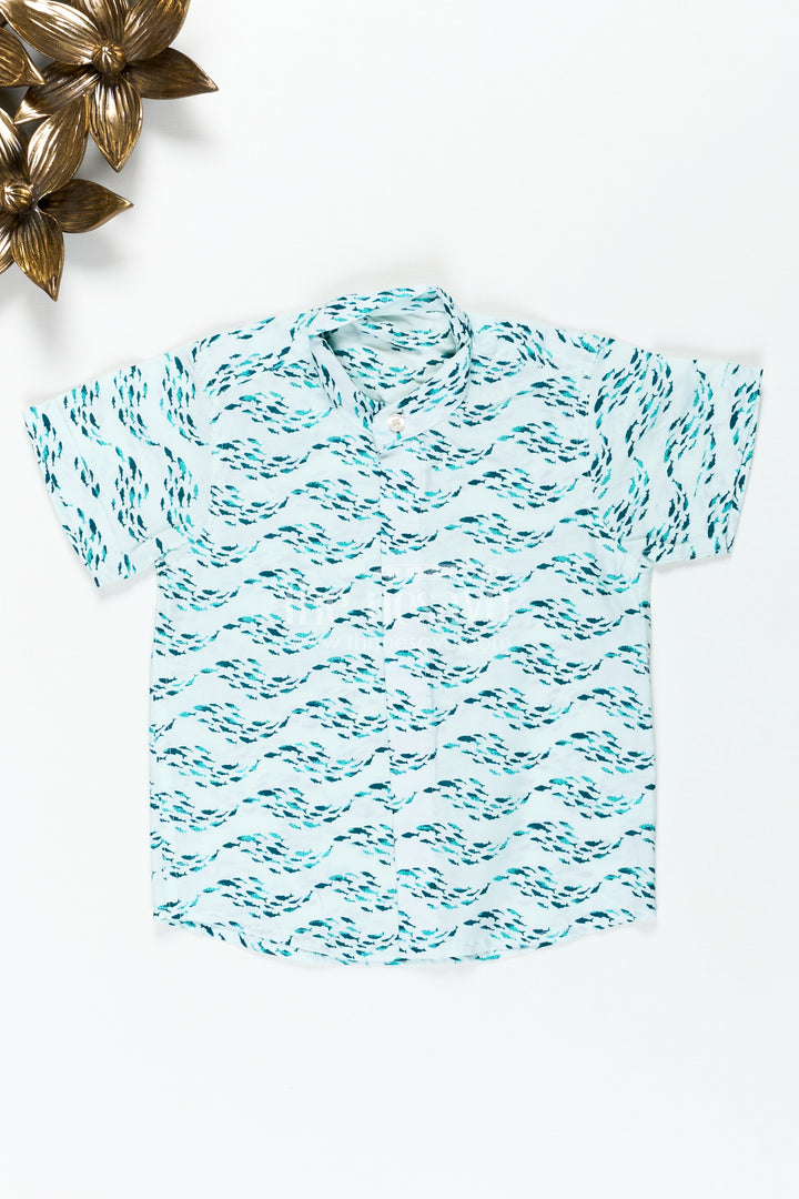 Boys Printed Shirt in Soft Cotton with Blue Ocean Wave Motif and Digital Fish Pattern for Playful Styling