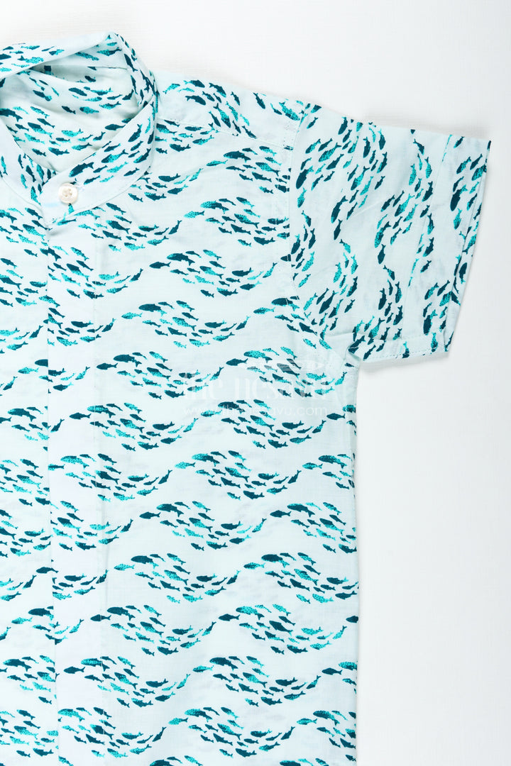 Boys Printed Shirt in Soft Cotton with Blue Ocean Wave Motif and Digital Fish Pattern for Playful Styling