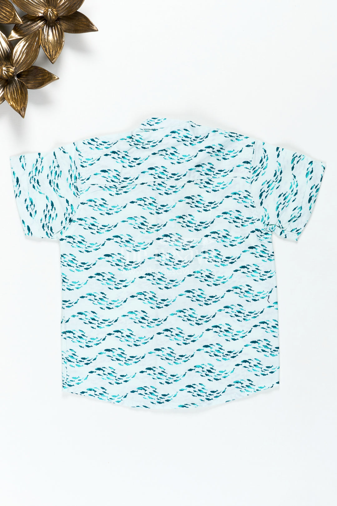 Boys Printed Shirt in Soft Cotton with Blue Ocean Wave Motif and Digital Fish Pattern for Playful Styling