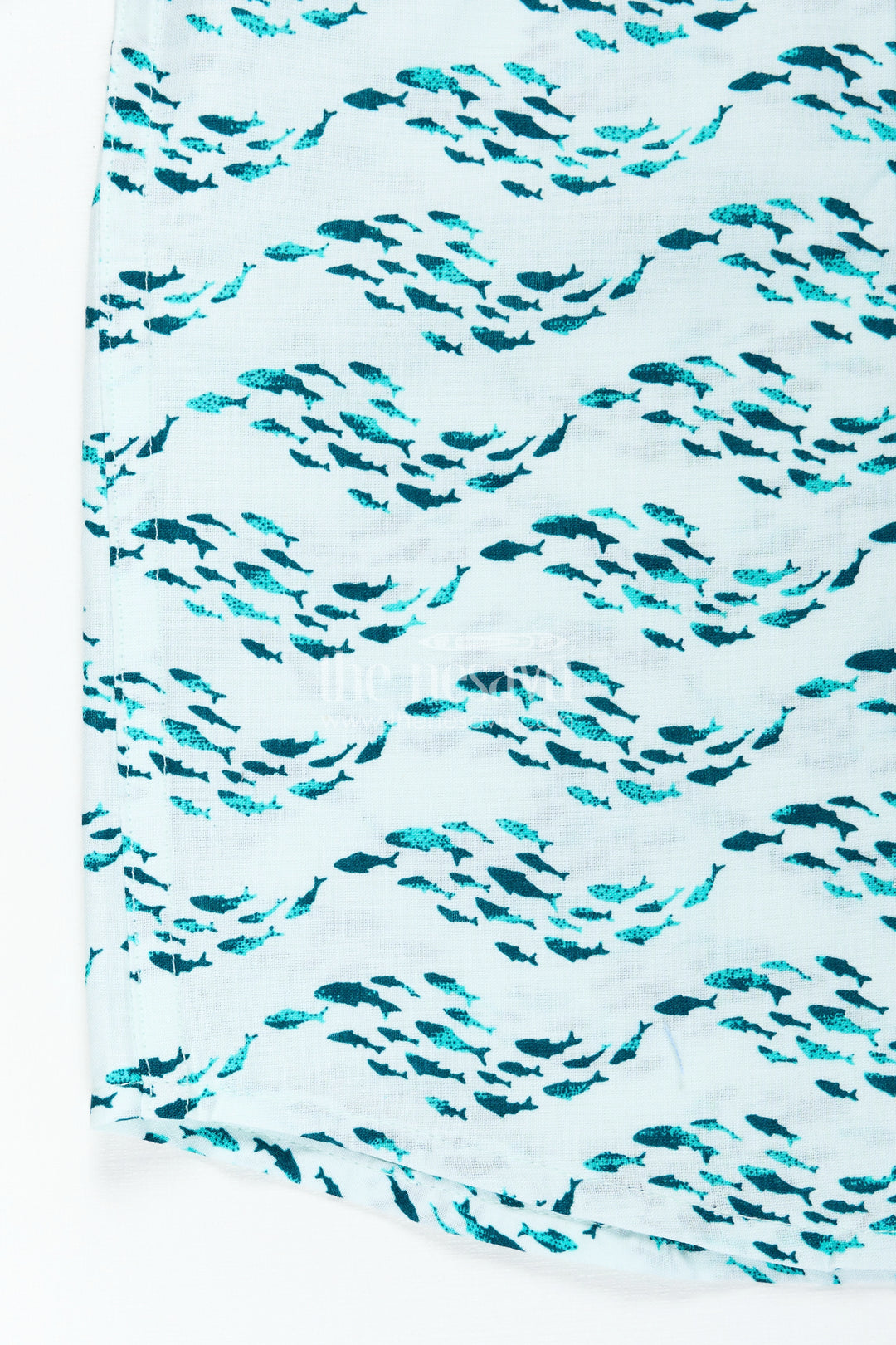 Boys Printed Shirt in Soft Cotton with Blue Ocean Wave Motif and Digital Fish Pattern for Playful Styling