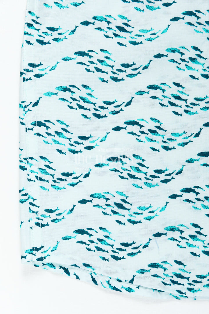 Boys Printed Shirt in Soft Cotton with Blue Ocean Wave Motif and Digital Fish Pattern for Playful Styling