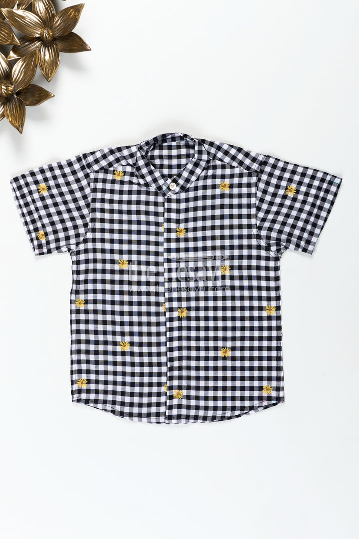 Black and White Printed Shirt for Boys in Cotton with Embroidered Yellow Flowers and Gingham Checks