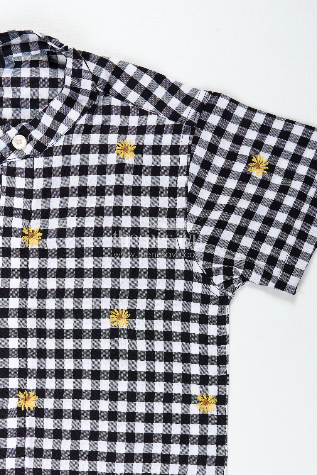 Black and White Printed Shirt for Boys in Cotton with Embroidered Yellow Flowers and Gingham Checks