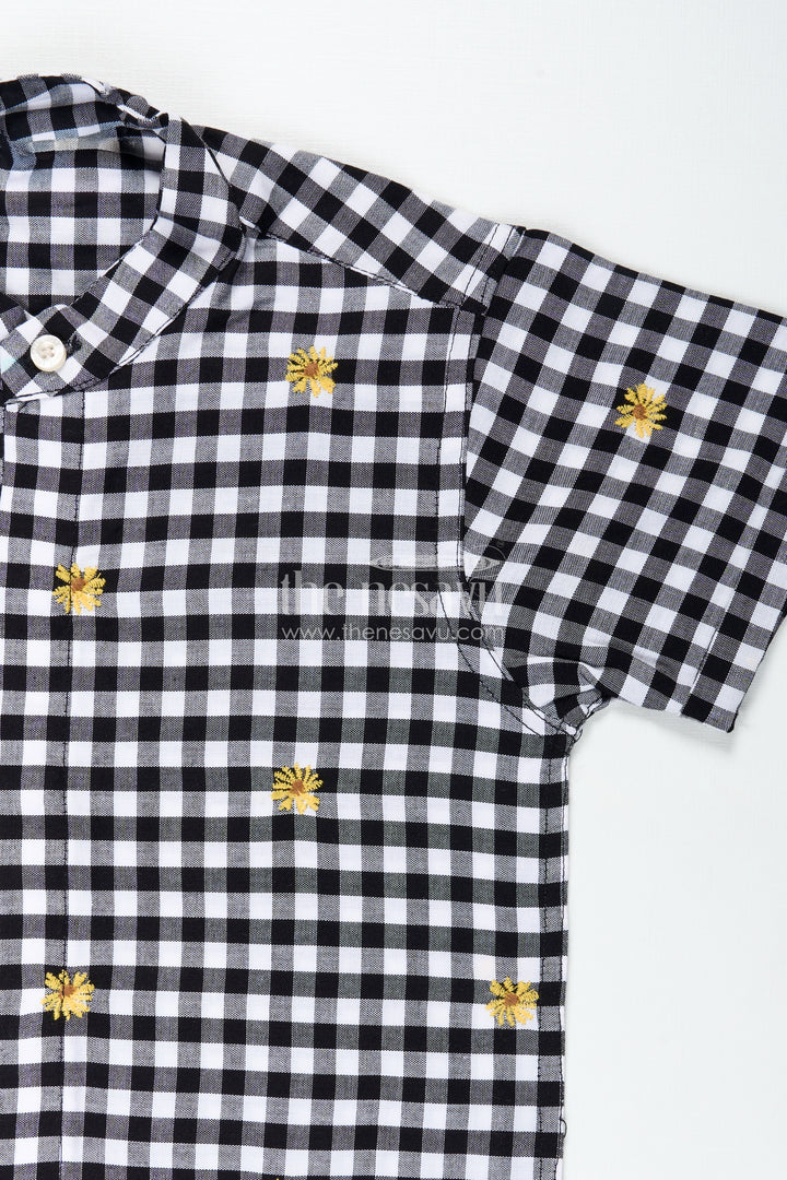 Black and White Printed Shirt for Boys in Cotton with Embroidered Yellow Flowers and Gingham Checks