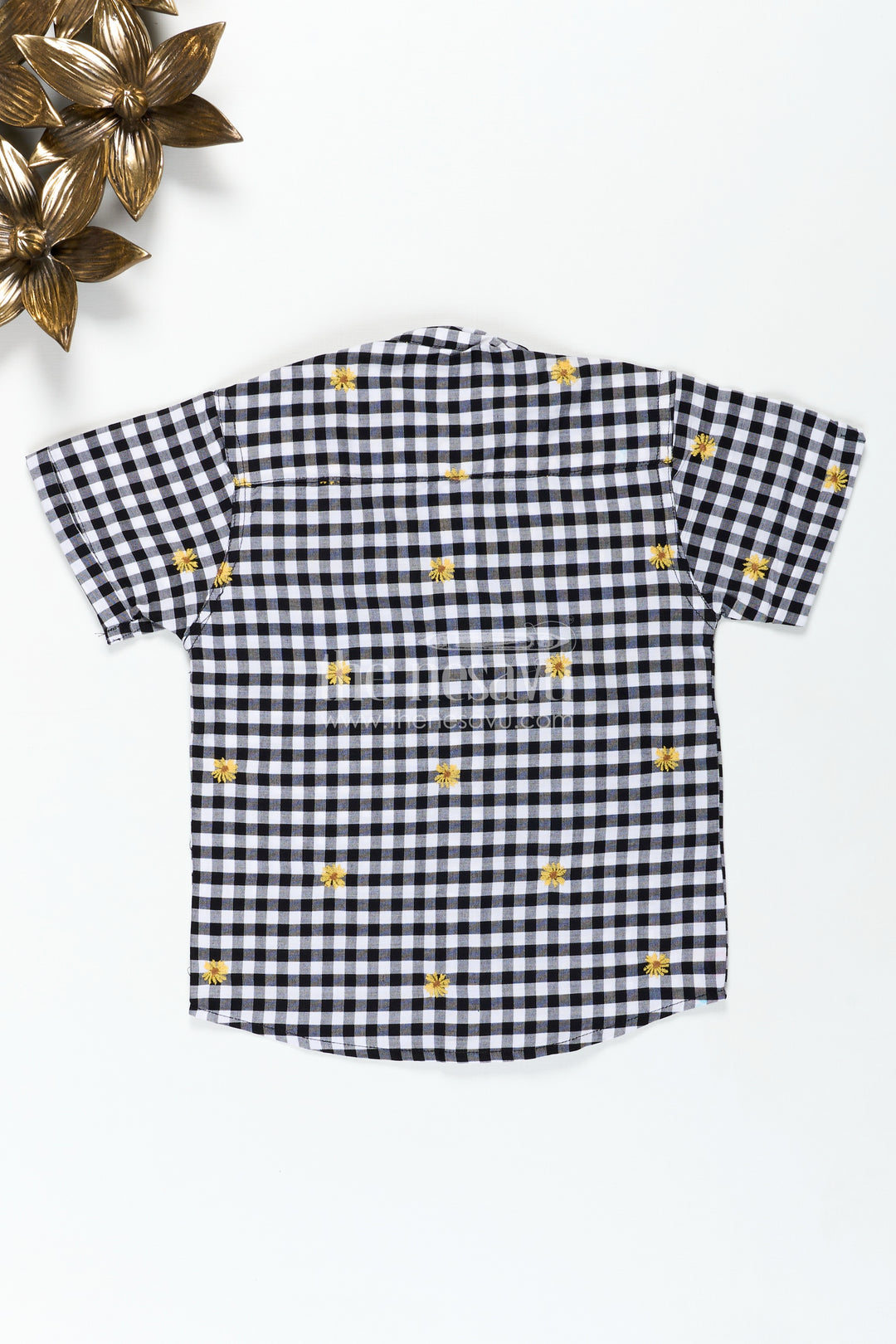 Black and White Printed Shirt for Boys in Cotton with Embroidered Yellow Flowers and Gingham Checks