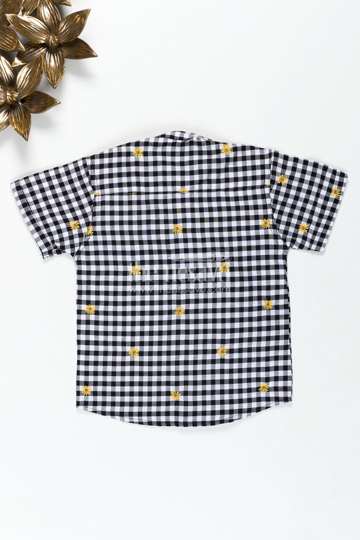 Black and White Printed Shirt for Boys in Cotton with Embroidered Yellow Flowers and Gingham Checks
