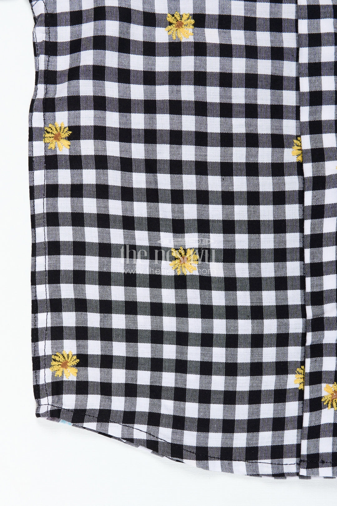 Black and White Printed Shirt for Boys in Cotton with Embroidered Yellow Flowers and Gingham Checks