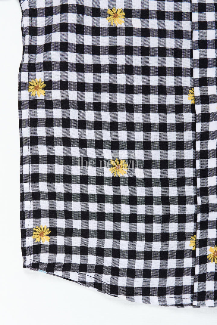 Black and White Printed Shirt for Boys in Cotton with Embroidered Yellow Flowers and Gingham Checks