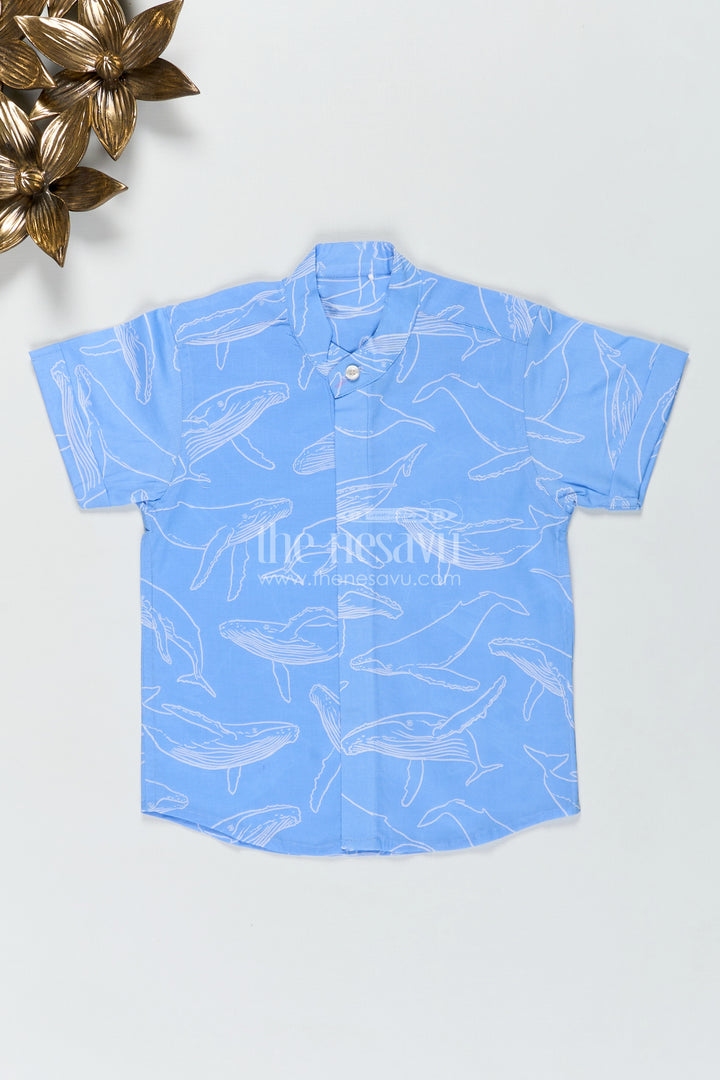 Boys Blue Casual Printed Shirt with Whale Motifs in Soft Cotton Digital Print and Relaxed Fit