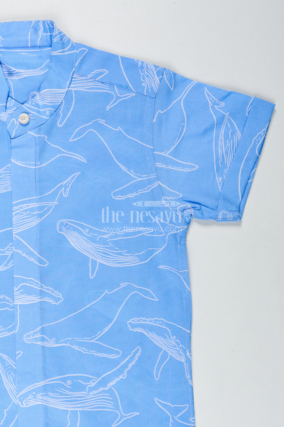 Boys Blue Casual Printed Shirt with Whale Motifs in Soft Cotton Digital Print and Relaxed Fit
