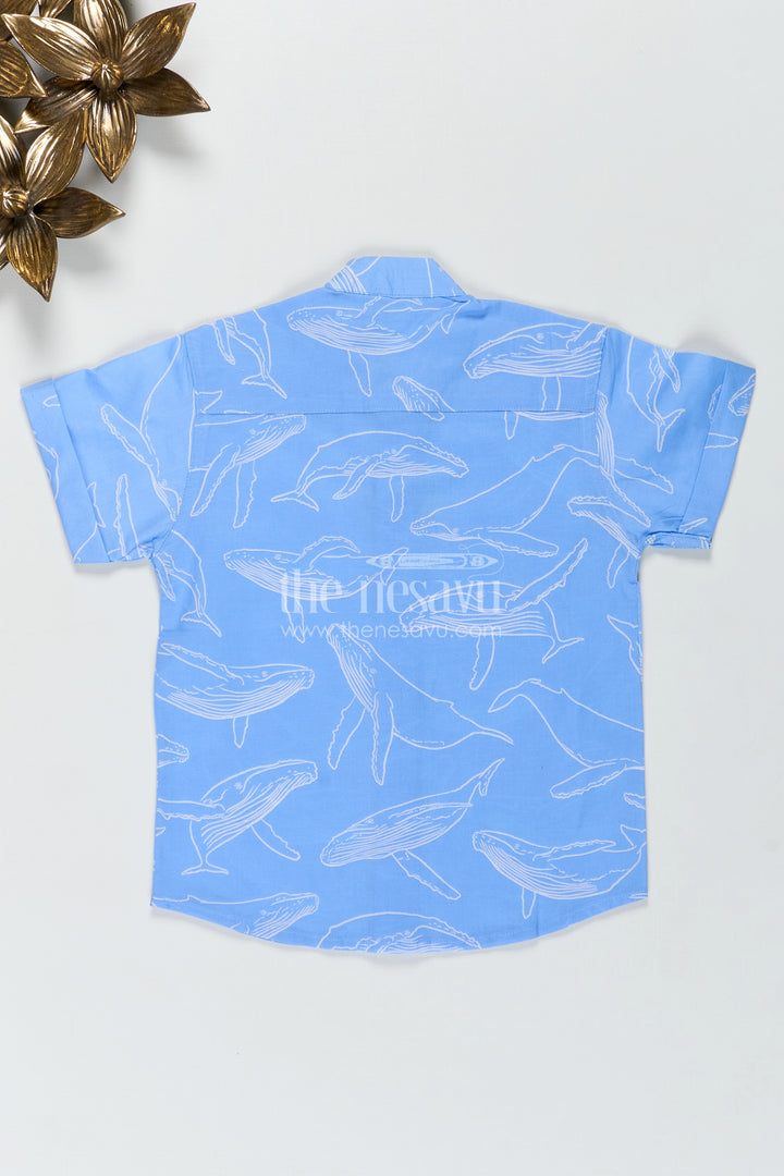 Boys Blue Casual Printed Shirt with Whale Motifs in Soft Cotton Digital Print and Relaxed Fit