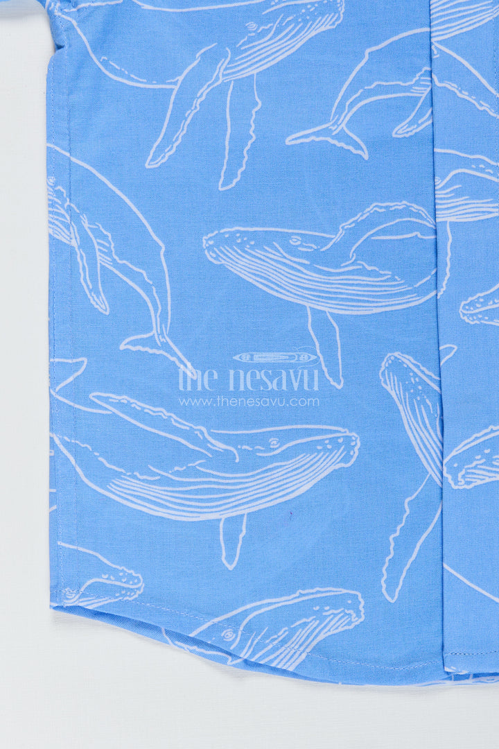 Boys Blue Casual Printed Shirt with Whale Motifs in Soft Cotton Digital Print and Relaxed Fit