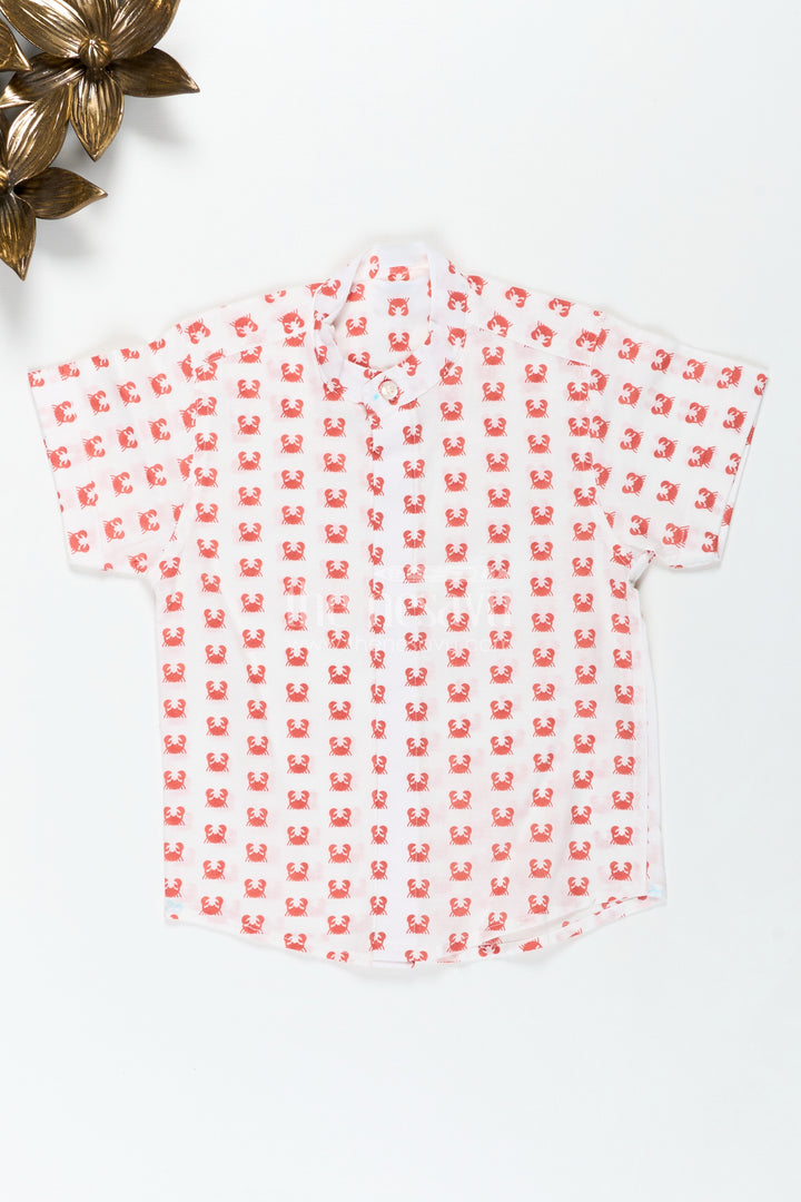 White Printed Shirt for Boys in Cotton with Red Crab Motifs and Bold Sea-Inspired Digital Print