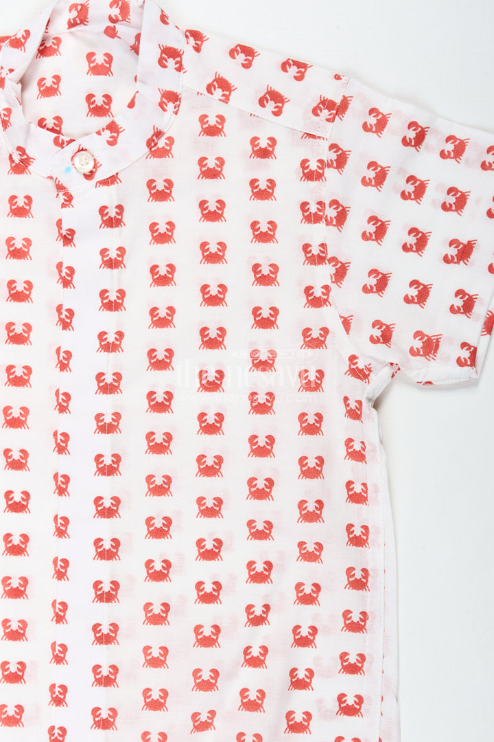 White Printed Shirt for Boys in Cotton with Red Crab Motifs and Bold Sea-Inspired Digital Print