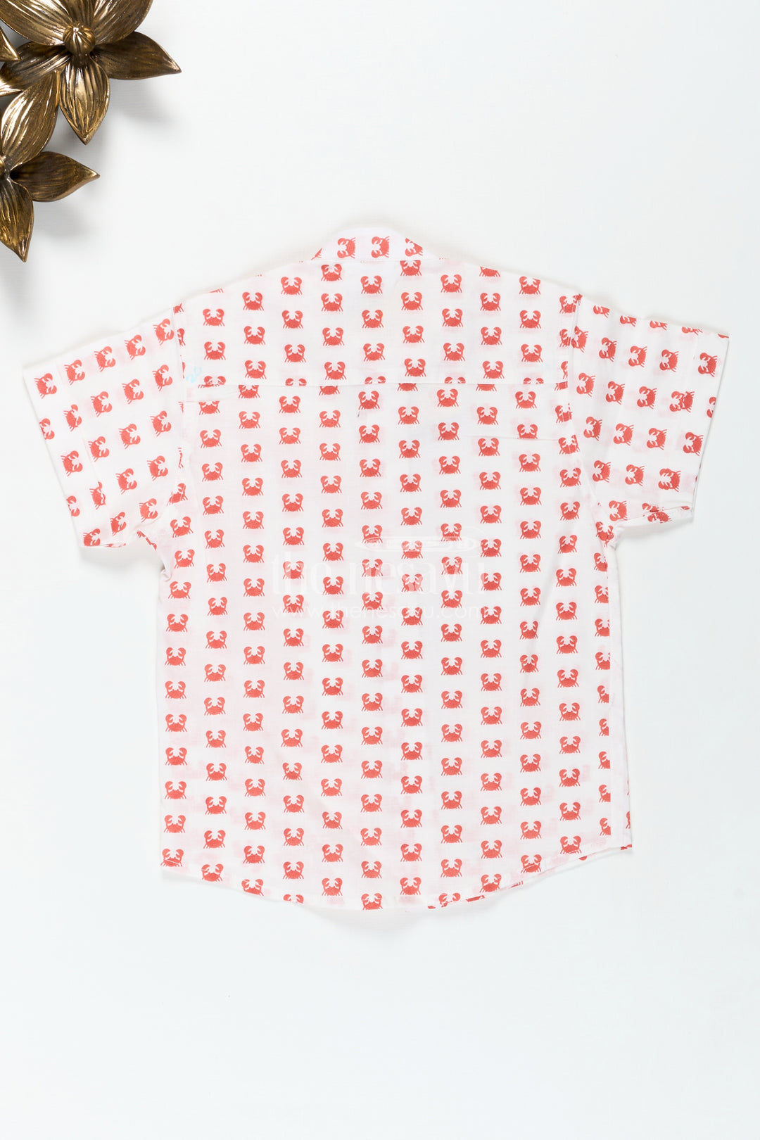 White Printed Shirt for Boys in Cotton with Red Crab Motifs and Bold Sea-Inspired Digital Print