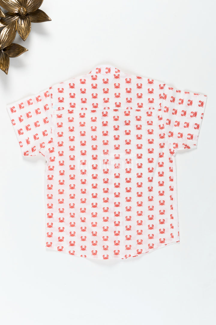 White Printed Shirt for Boys in Cotton with Red Crab Motifs and Bold Sea-Inspired Digital Print