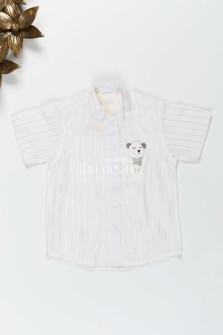 Boys Plain White Shirt with Vertical Thread Lines and Cute Bear Patch on Cotton Blend Fabric