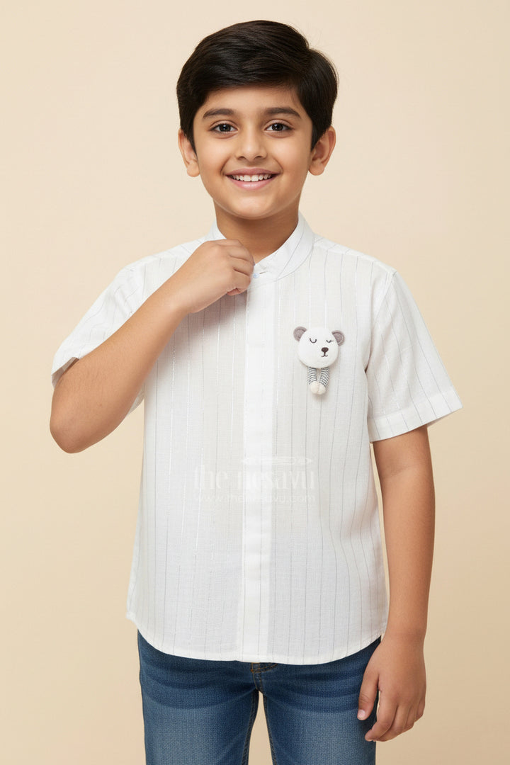 Boys Plain White Shirt with Vertical Thread Lines and Cute Bear Patch On Cotton Blend Fabric