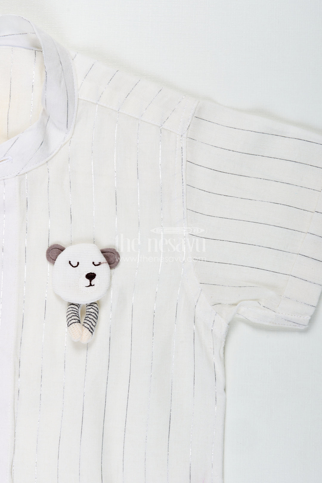Boys Plain White Shirt with Vertical Thread Lines and Cute Bear Patch on Cotton Blend Fabric