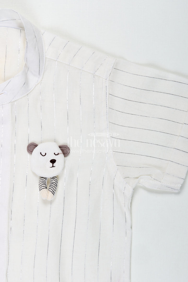 Boys Plain White Shirt with Vertical Thread Lines and Cute Bear Patch on Cotton Blend Fabric