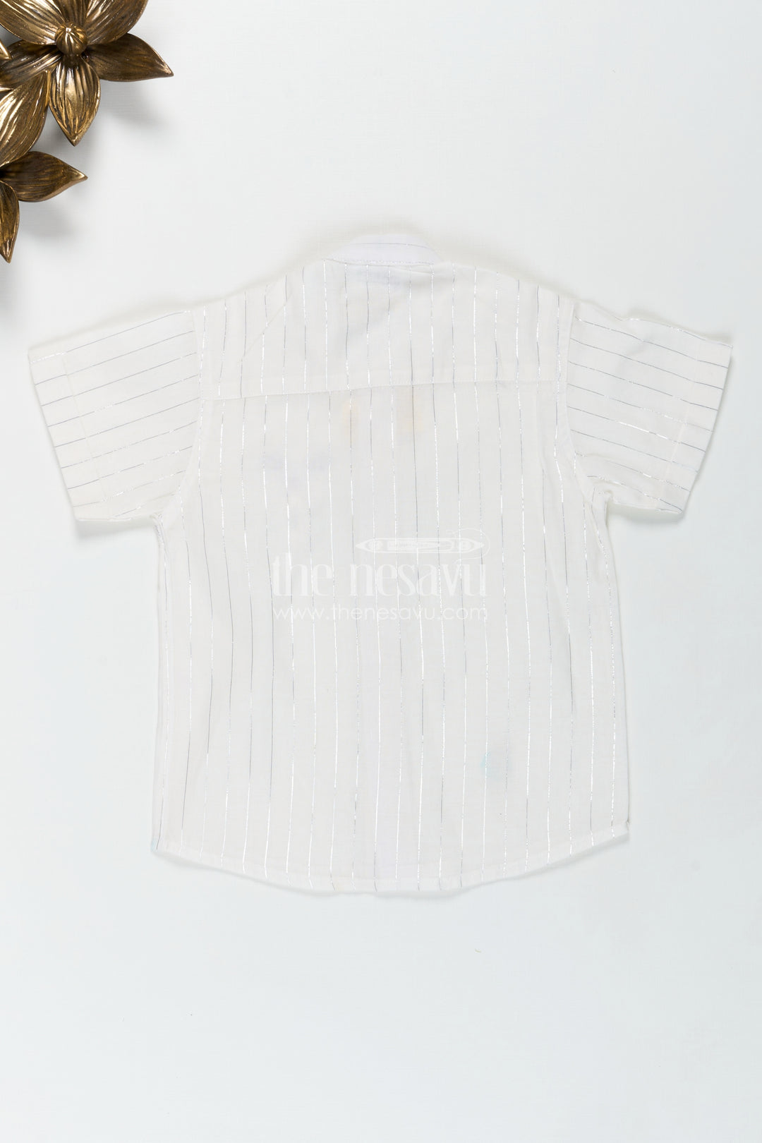 Boys Plain White Shirt with Vertical Thread Lines and Cute Bear Patch on Cotton Blend Fabric