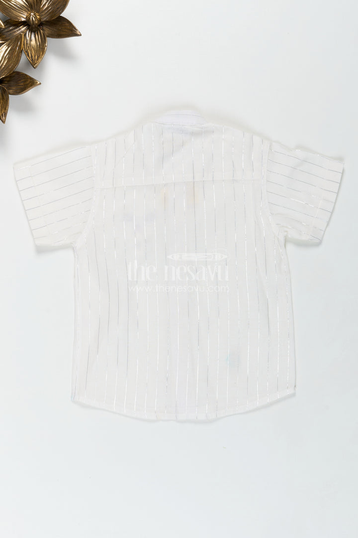 Boys Plain White Shirt with Vertical Thread Lines and Cute Bear Patch on Cotton Blend Fabric