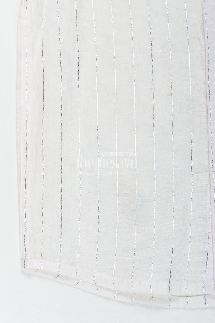 Boys Plain White Shirt with Vertical Thread Lines and Cute Bear Patch on Cotton Blend Fabric