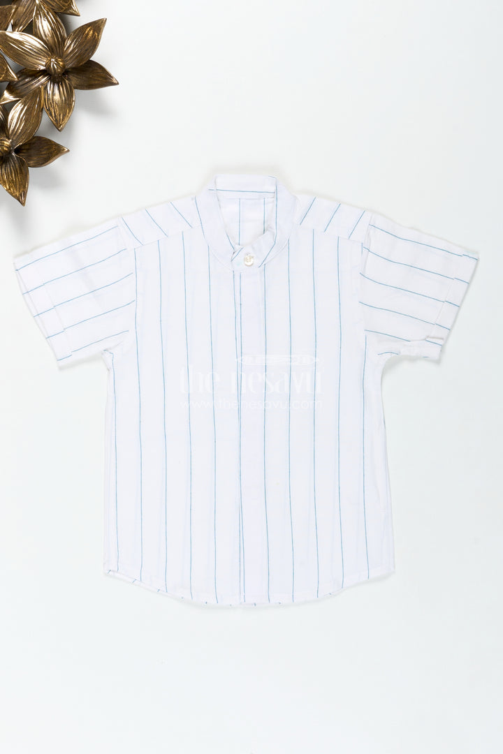 White Striped Shirt for Boys in Cotton with Blue Vertical Lines and Mandarin Collar Finish
