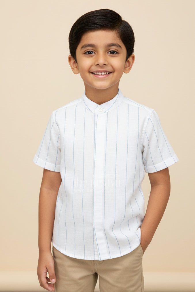 White Striped Shirt for Boys in Cotton with Blue Vertical Lines and Mandarin Collar Finish