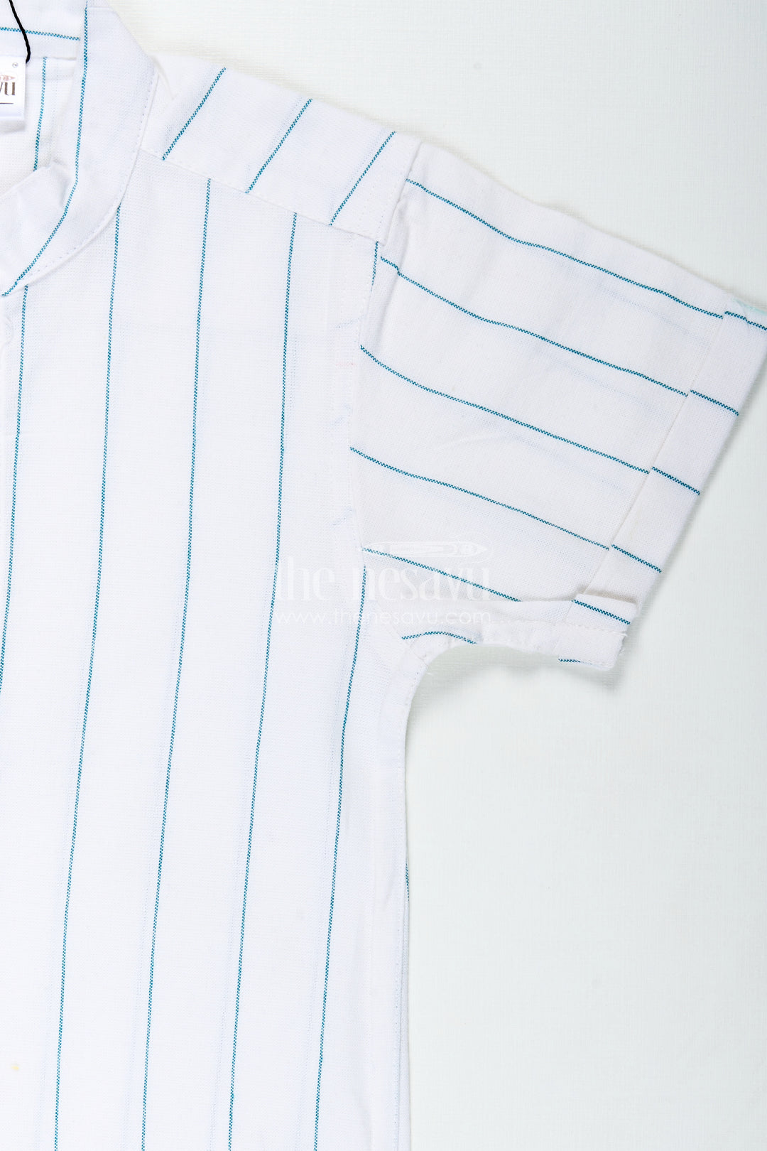 White Striped Shirt for Boys in Cotton with Blue Vertical Lines and Mandarin Collar Finish