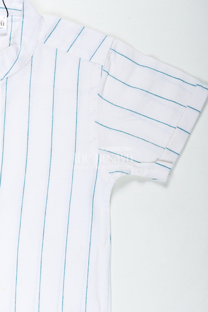 White Striped Shirt for Boys in Cotton with Blue Vertical Lines and Mandarin Collar Finish