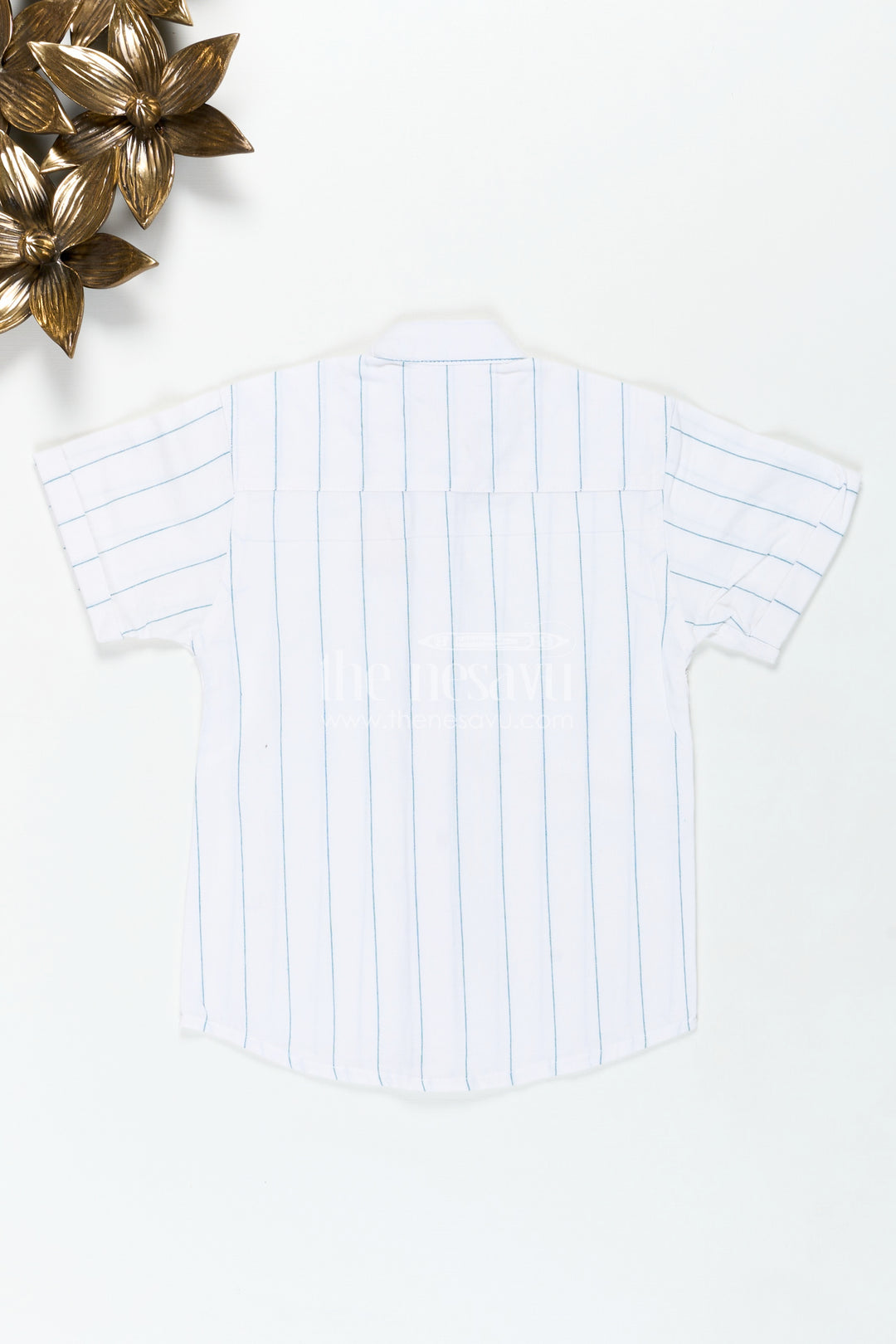 White Striped Shirt for Boys in Cotton with Blue Vertical Lines and Mandarin Collar Finish